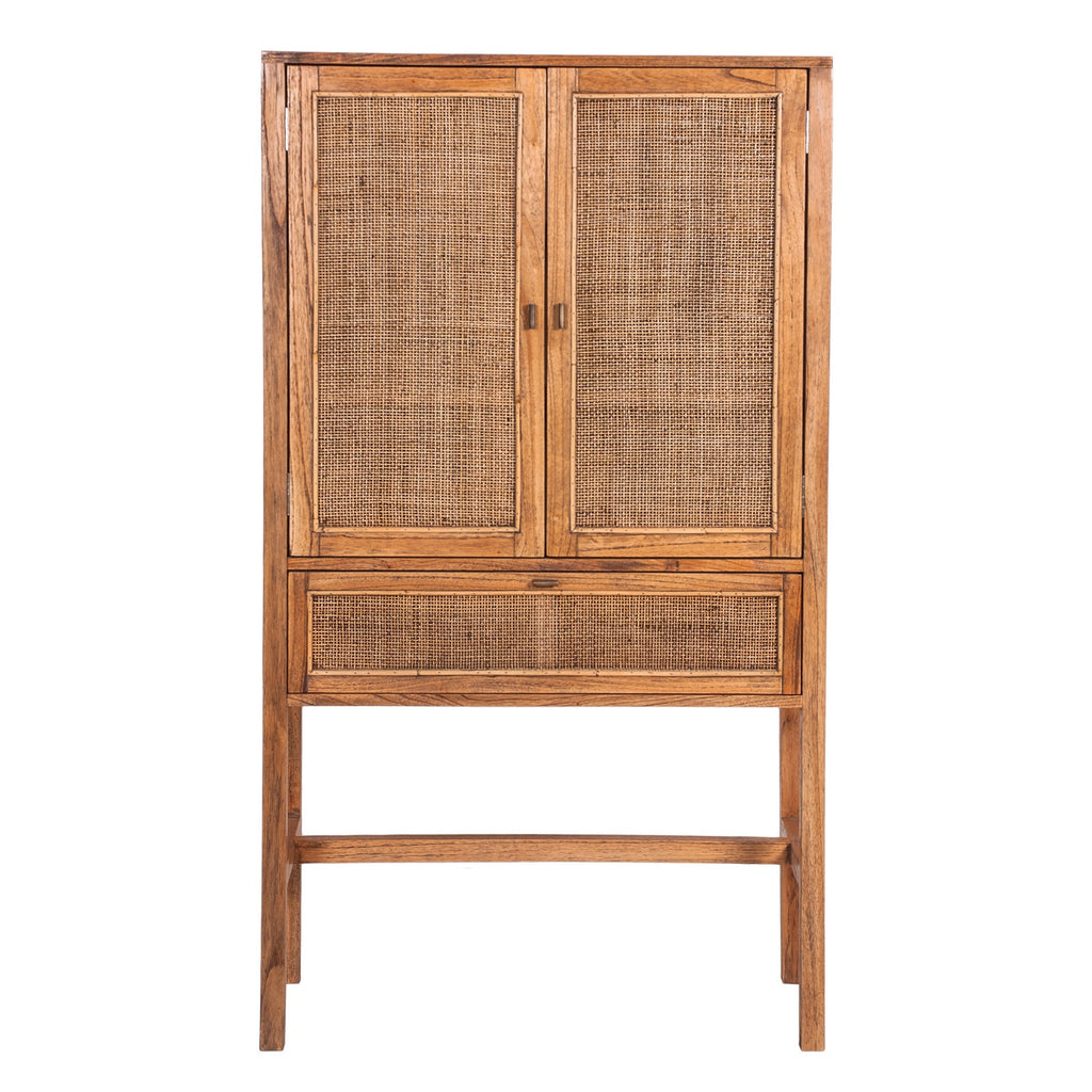 Jasmine Tall Storage Cabinet 90cm 2 Door 1 Drawer Mindi Wood Rattan - Brown